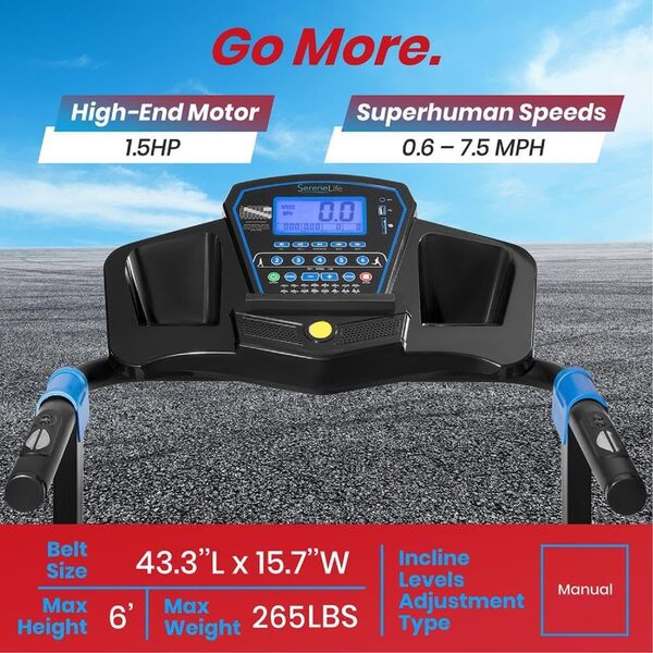 SereneLife SLFTRD25 Tapis de course manuel intelligent et pliable électrique 1,5 HP avec application téléchargeable, lecteur MP3, clé de sécurité