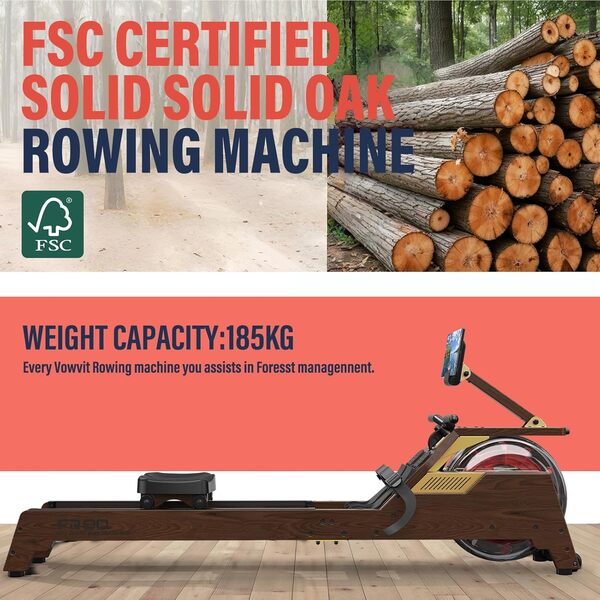 VOWVIT Rameur pour la maison : rameur d'eau en bois avec réservoir d'eau vertical, compatible Bluetooth, pour les utilisateurs jusqu'à 210 cm, garantie 2 ans