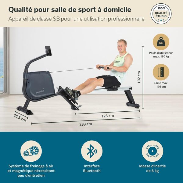 Skandika Rameur Njord | Rameur ergomètre avec 16 Niveaux de résistance, Pliable, qualité Studio, inertie 8 kg, Max. 180 kg, Long Rail, Kinomap, Bluetooth, | Appareil de Fitness pour la Maison