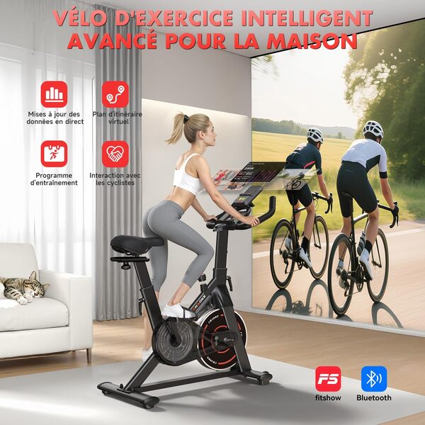 Velo d Appartement, CHAOKE Vélo d'appartement Silencieux avec Résistance Magnétique Réglable, Vélo d'exercice d'intérieur avec App et écran LCD, Pour Entraînement Cardio, Capacité 150KG