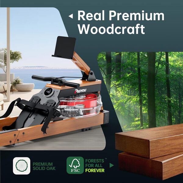 PASYOU Rameur pour la Maison en chêne, rameur d'eau Pliable avec écran Bluetooth et 30 Jours d'abonnement Kinomap Gratuit, rameur avec Support de Tablette réglable, Charge maximale 150 kg PW60