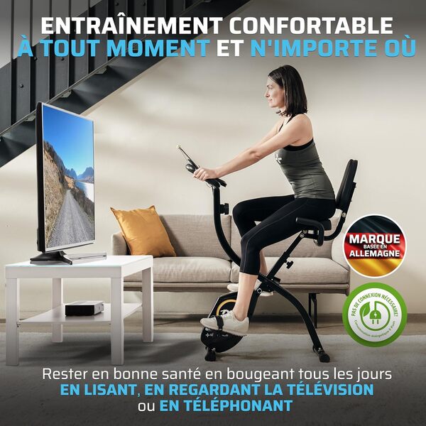 SportPlus vélo d'appartement pliable avec dossier - 8 niveaux de résistance (freinage magnétique silencieux), avec support tablette, capteur de fréquence cardiaque