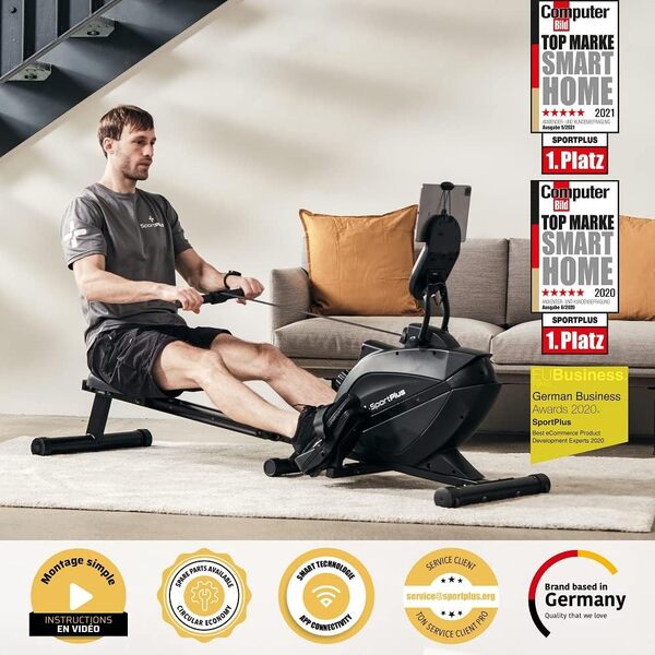 SportPlus Rameur pour la Maison Pliable - Conçu en Allemagne - Système de freinage magnétique Silencieux - Compatible avec l'application - Masse d'inertie de 8 kg - Capacité Maximale 150KG