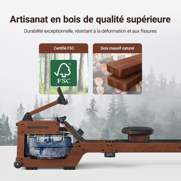 MERACH Rameur à Eau en Bois de Chêne Rouge/Caoutchouc avec 12 Lames pour Une Charge Uniforme, Peut Augmenter la Résistance de 40%, APP Exclusive avec Jeu Interactif de Carte de Rivière