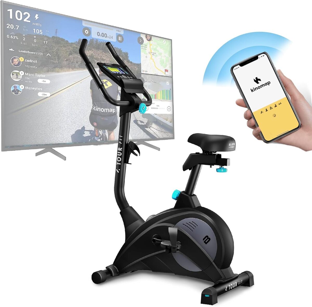 Test du vélo d'appartement Tour FIT de Bluefin Fitness : compatibilité Kinomap et capteur cardiaque
