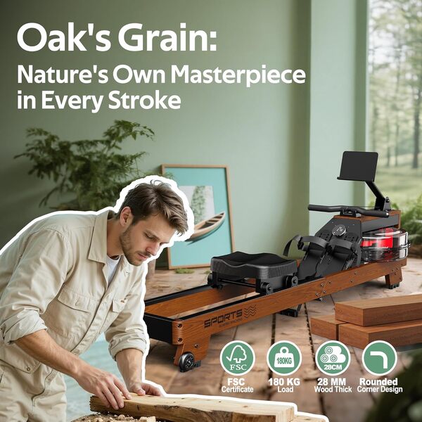 Orisyn Rameur pour la maison en bois de chêne – Rameur d'eau pliable avec grand support pour tablette, rameurs compatibles avec l'application – Charge maximale : 180 kg – Taille de l'utilisateur