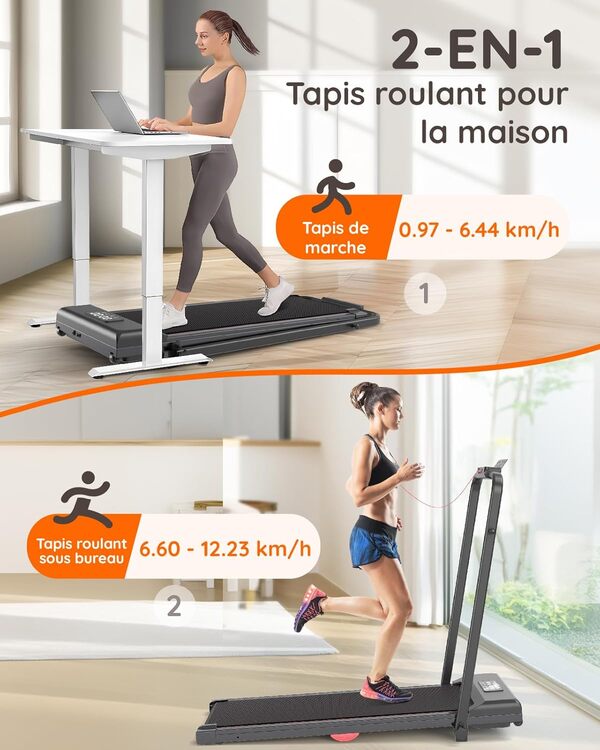 Tapis de Course Marche Pliable, 2 en 1 Tapis de Course Pliable avec Pente 9%, Walking Pad Électrique 12 km/h, 2.5HP, Tapis Roulant avec Télécommande, Écran LED, pour Maison et Bureau