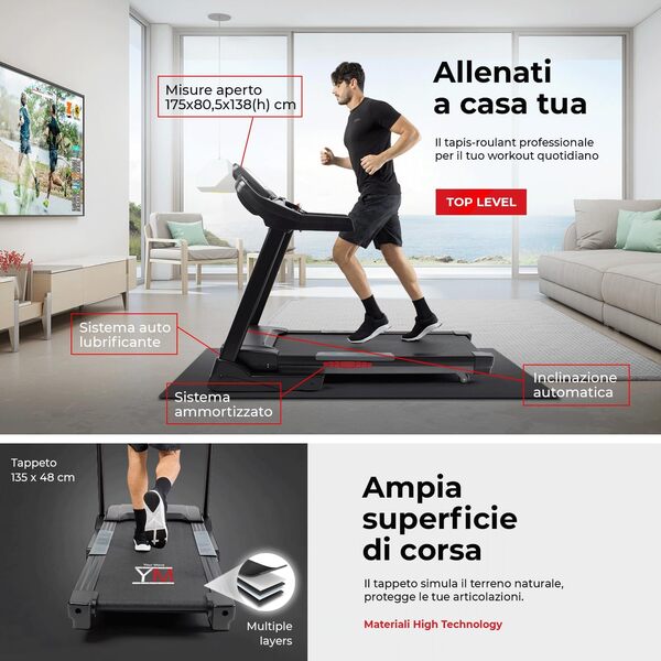 YM Tap180PRO Tapis roulant électrique professionnel 22 km/h, application ZWIFT et KINOMAP, poids utilisateur 150 kg, inclinaison automatique, bande cardio + tapis + roues, garantie et assistance