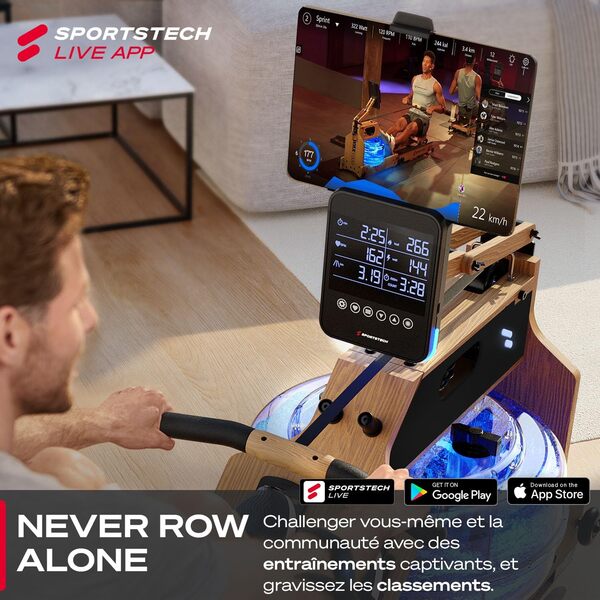 Sportstech Premium rameur à Eau avec réservoir LED, Pliable |Entreprise Allemande de qualité | Application avec Cours d'entraînement+Support Tablette | Rameur en Bois Massif Naturel WRX1000