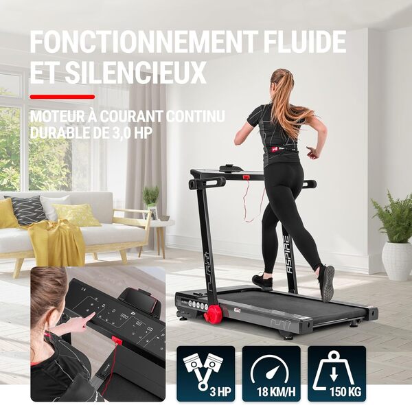 HOP-Sport® Tapis de Course Pliable inclinable Aspire HS-2500LB - Vitesse jusqu'à 18 km/h, Moteur 3 CV, Surface de Course 50x125 cm, USB et Bluetooth, Charge jusqu'à 150 kg, Inclinaison jusqu'à 15°
