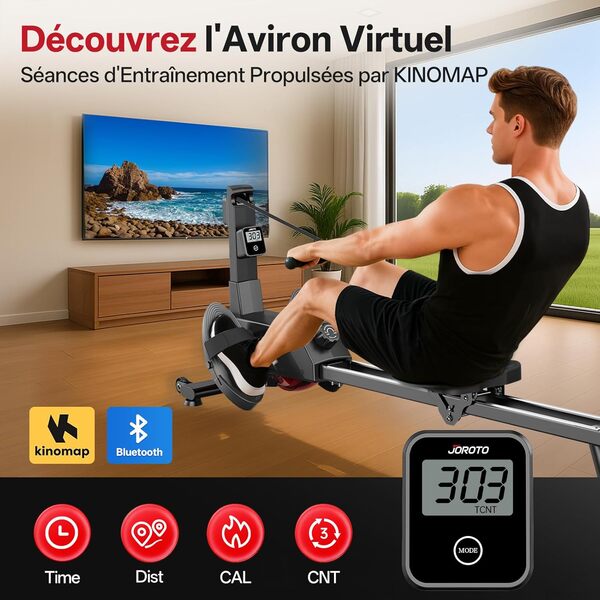 JOROTO Rameur pour la Maison, 16 Niveaux de Résistance, Rameur Magnétique Ultra-Silencieux avec App Kinomap, Double Rail pour Stabilité et Fluidité, Compact et Facile à Assembler - Fitness à Domicile
