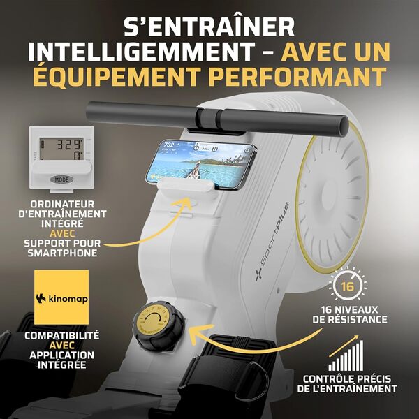 SportPlus Rameur pour la Maison avec 8 Niveaux, système de freinage magnétique Silencieux et sans Entretien, écran Compact, Poids de l'utilisateur jusqu'à 150 kg