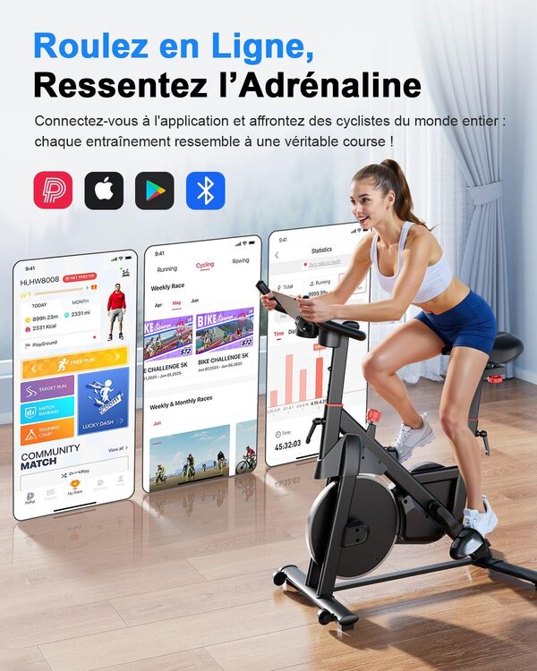 Vélo d'Appartement pour La Maison avec Écran LCD et Application, Vélo d'Exercice d'Intérieur avec Résistance Magnétique Réglable, Capacité de Poids de 136 kg