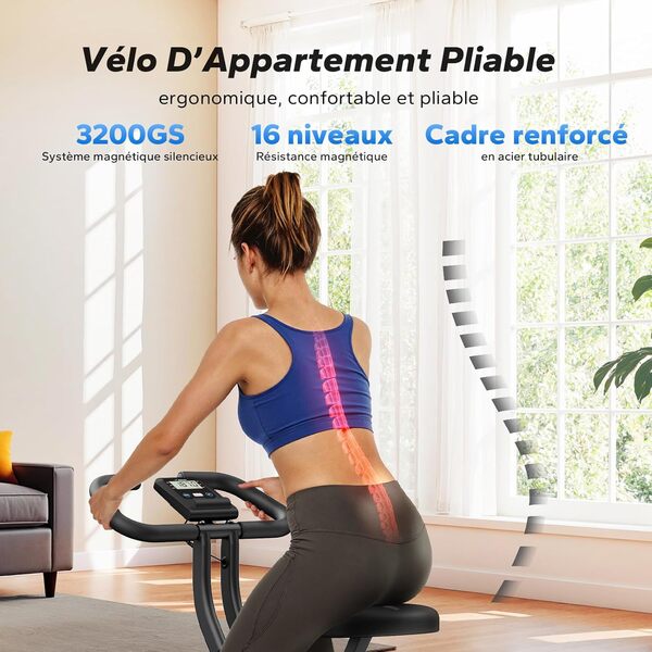 MERACH Vélo d’Appartement Pliable, Velo d Appartement avec Écran LCD, Vélo de Fitness Magnétique à Domicile avec Coussin Confortable, Gain de Place, Pour l’Entraînement Cardio, Capacité Max 136KG