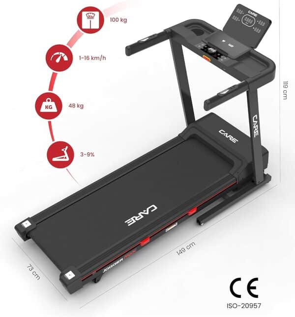 Care Fitness - Tapis de Course Connecté - 16 KM/H - Care - Jogger Max - Kinomap - 28 Programmes Intégrés - Écran LED - Contrôle de Vitesse - Moteur Silencieux - Inclinaison Motorisé - 15 Niveaux