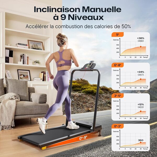 Tapis de Course Motorise Inclinable, 9% Inclination Tapis de Marche avec Barre, Mode HIIT et Anti-Choc,Walking Pad Pliable Contrôler par Télécommande et Affichage LED