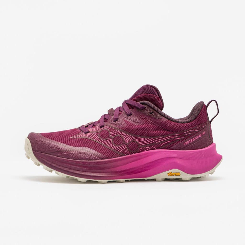 Test : chaussures de running Saucony Peregrine 16 femme bordeaux et blanc chez Decathlon